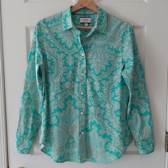 J. Crew Tops - J Crew Aqua Ratti Pendant Paisley Slim Fit Crisp Poplin Shirt Top Size 4